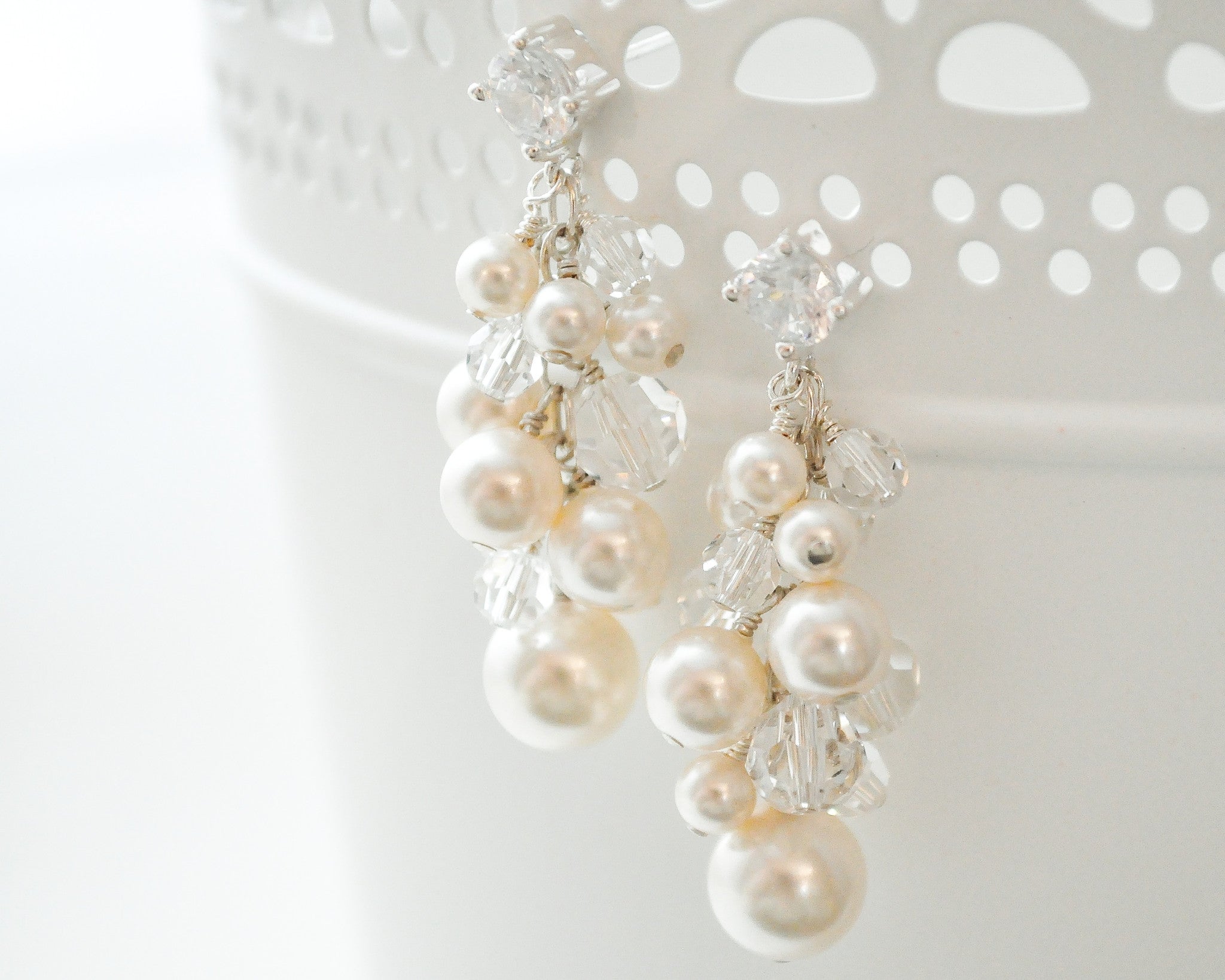 Pearl & Crystal Short Cluster Bridal Earrings - Sarah Walsh Bridal Jewellery - 1