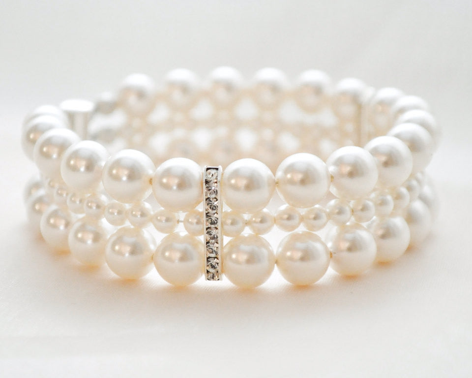Triple Strand Banded Pearl Cuff Bracelet - Sarah Walsh Bridal Jewellery - 1