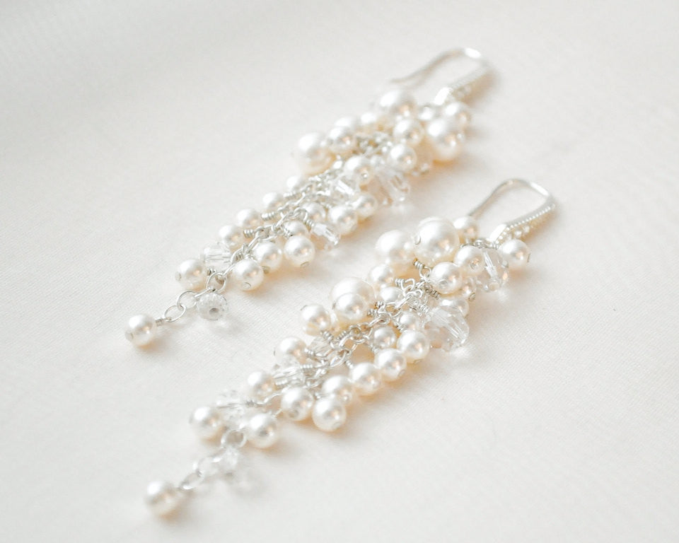 Bridal Crystal Pearl Tapered Cluster Earrings - Sarah Walsh Bridal Jewellery - 1